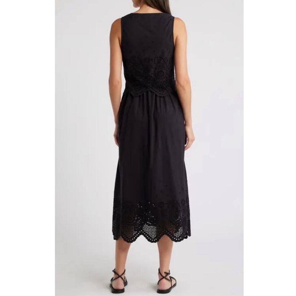 CLEOBELLA Julie Organic Cotton Poplin Lace Midi Dress Sz Small Black Eyelet Boho - Picture 7 of 12